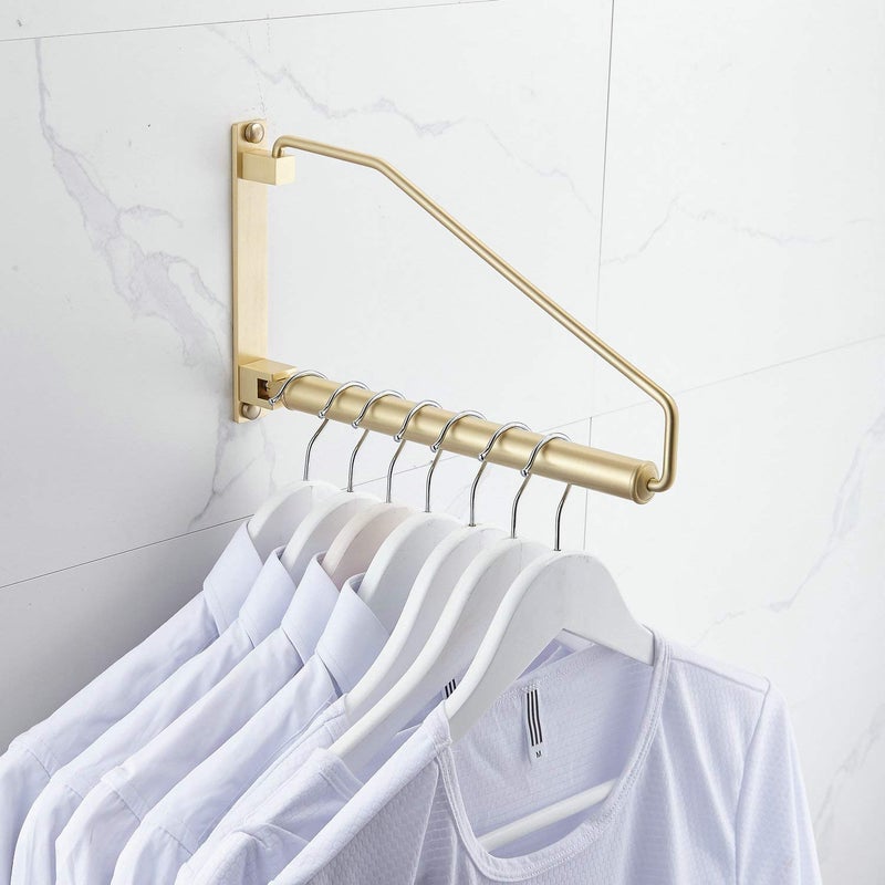 Hiendure Folding Clothes Hanger Gold Brushed Drying Clothes Rack Wall-Mounted Space Saver for Laundry Room Closet, Brass, 12 Inch - Image 1